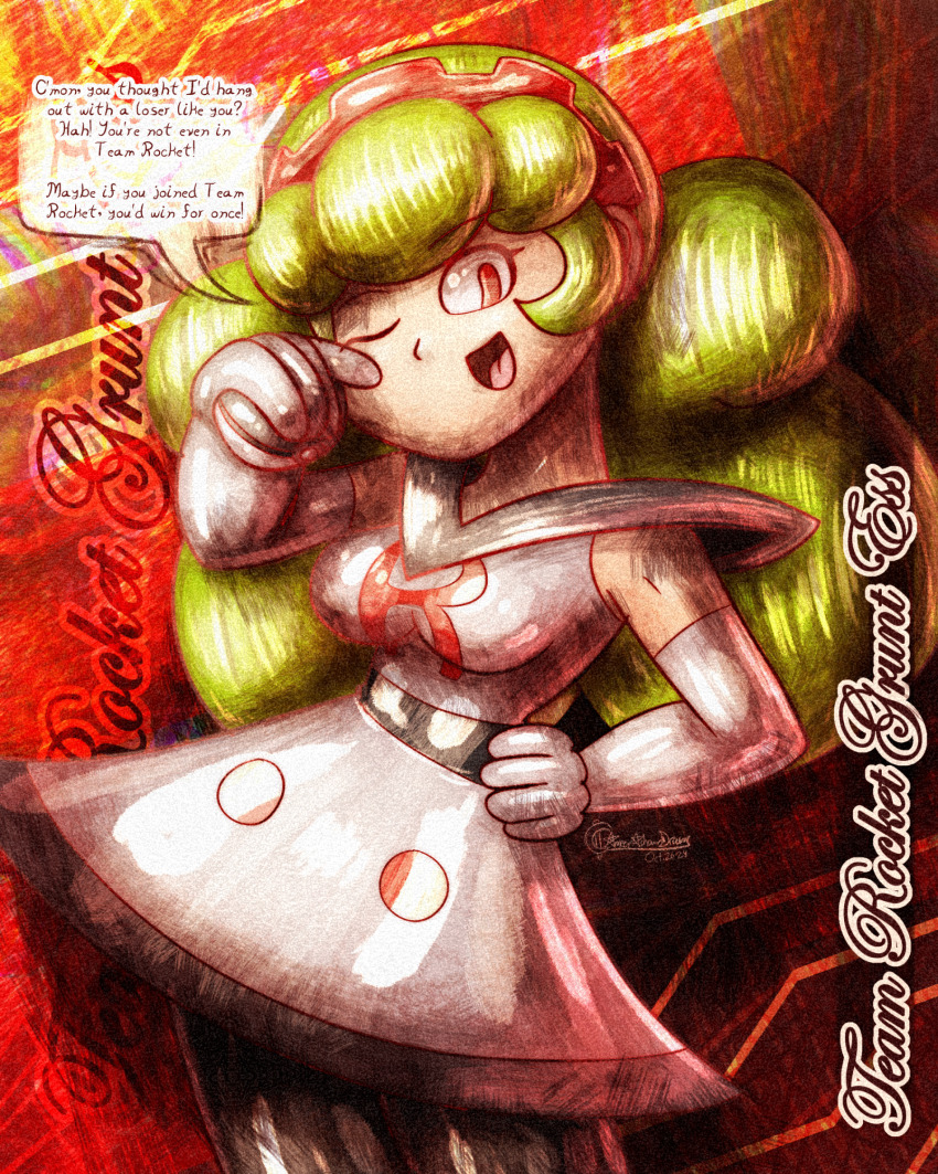 ameerashourdraws clothed corruption dialogue dress enemy_conversion ess_(puyo_puyo) evil_smile femdom femsub gloves green_hair hand_on_hip hypnotized_hypnotist latex laughing long_hair nintendo one_eye_open opera_gloves pokemon puyo_puyo red_eyes smile speech_bubble team_rocket text twin_braids twintails wink