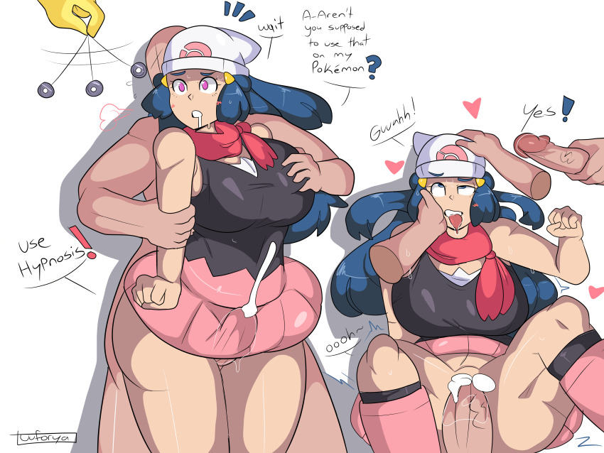 absurdres blue_hair breasts cum cum_in_pussy dawn drool femsub hand_on_another's_cheek hat large_breasts long_hair maledom nintendo pink_eyes pokemon pokemon_(creature) pokemon_diamond_pearl_and_platinum spiral_eyes symbol_in_eyes text uuforya