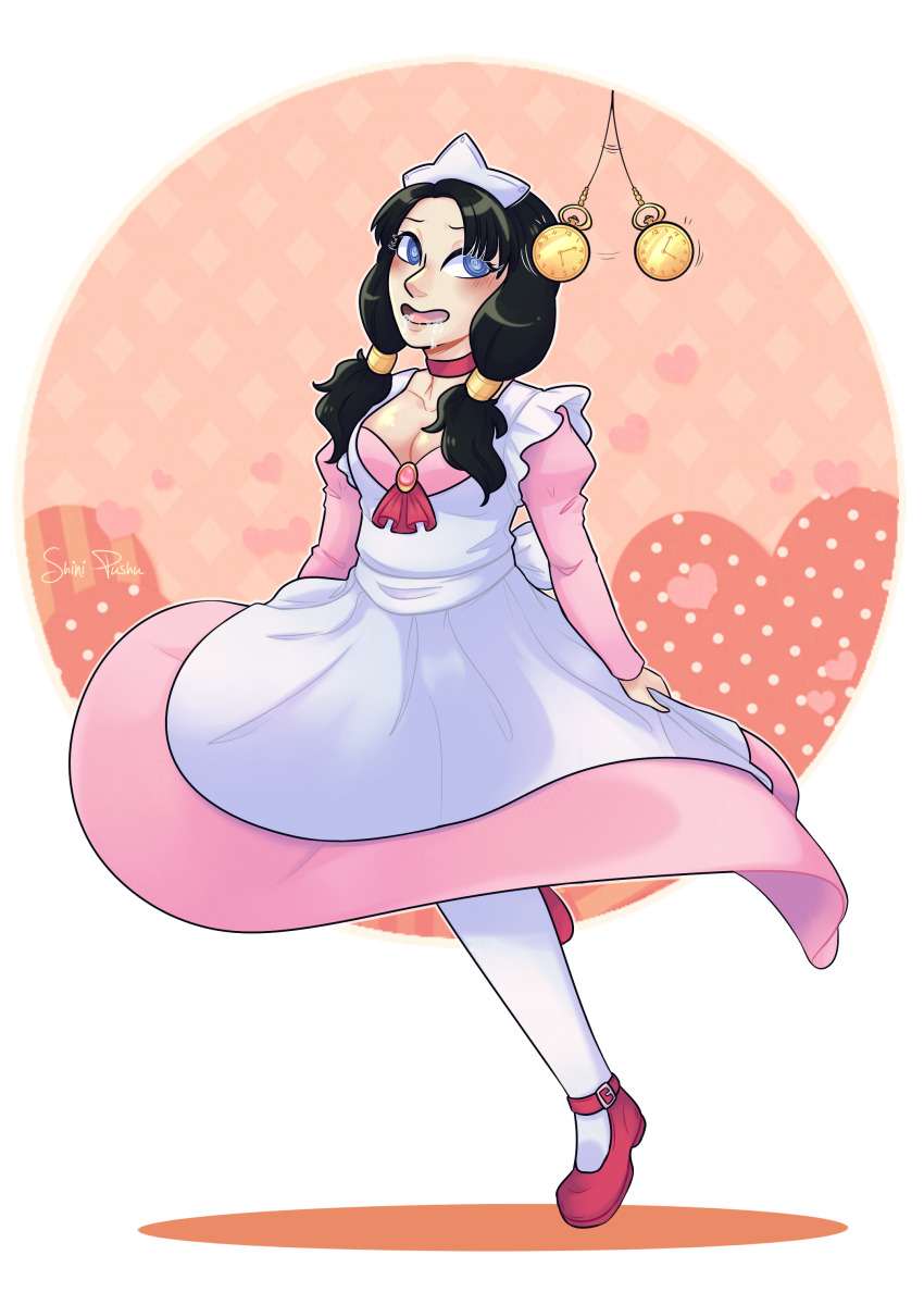 absurdres black_hair blue_eyes blush breasts cleavage dragon_ball dragon_ball_z dress drool female_only feminization femsub happy_trance large_breasts maid maid_headdress open_mouth pendulum shiniart55 smile spiral_eyes symbol_in_eyes thighhighs twintails videl