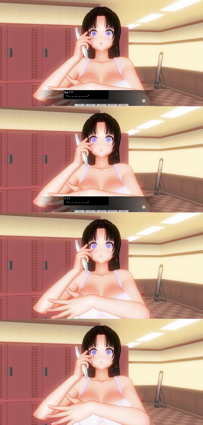 absurdres black_hair bottomless breasts brown_hair custom_maid_3d_2 empty_eyes expressionless female_only femsub hard_translated izumi_(made_to_order) kamen_writer_mc long_hair multiple_girls multiple_subs nude rika_(made_to_order) text topless translated