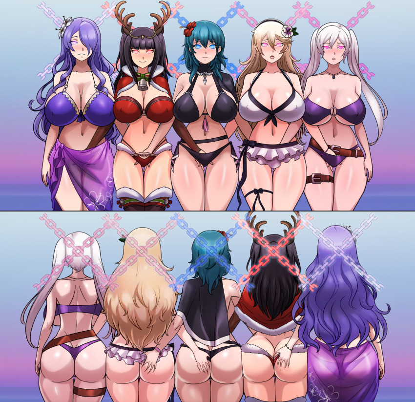 antlers ass ass_grab bikini black_hair breasts byleth_eisner camilla_(fire_emblem_fates) chains cleavage corrin_(fire_emblem) erect_nipples_under_clothes expressionless female_only femsub fingering fire_emblem fire_emblem_awakening fire_emblem_fates fire_emblem_three_houses flower_in_hair glowing_eyes green_hair hair_covering_one_eye happy_trance huge_breasts large_ass large_breasts long_hair mental_chains midriff multiple_girls multiple_subs navel nintendo open_mouth purple_hair robin_(fire_emblem_awakening) shinzu short_hair smile standing tharja twintails white_hair