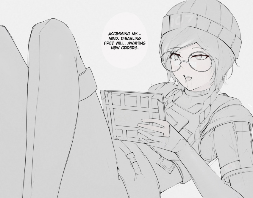 armor braid dokkaebi drool english_text eroborne female_only femsub glasses gloves greyscale hat hypnotic_screen legs long_hair lying monochrome open_mouth simple_background solo tech_control text thighs tom_clancy's_rainbow_six_siege tongue twin_braids white_background