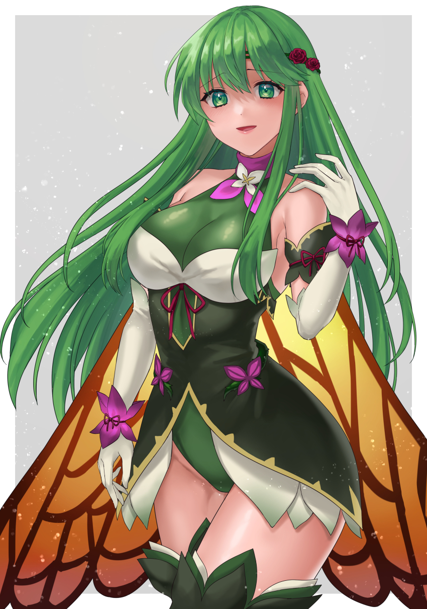 arm_bands armpits bare_shoulders blush breasts cape cuffs eyebrows_visible_through_hair female_only femsub fire_emblem fire_emblem_mystery_of_the_emblem flower gloves green_eyes green_hair hair_ornament hazuki_(nyorosuke) headband leotard nintendo open_mouth opera_gloves palla_(fire_emblem) smile solo thighs vines wide_hips