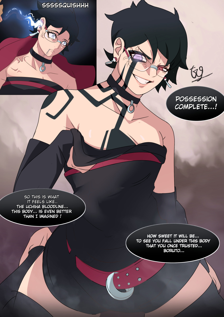 absurdres black_hair breast_grab choker clothed dialogue english_text female_only femsub glasses heterochromia naruto_(series) possession purple_eyes red_eyes sarada_uchiha short_hair text traner9 veins