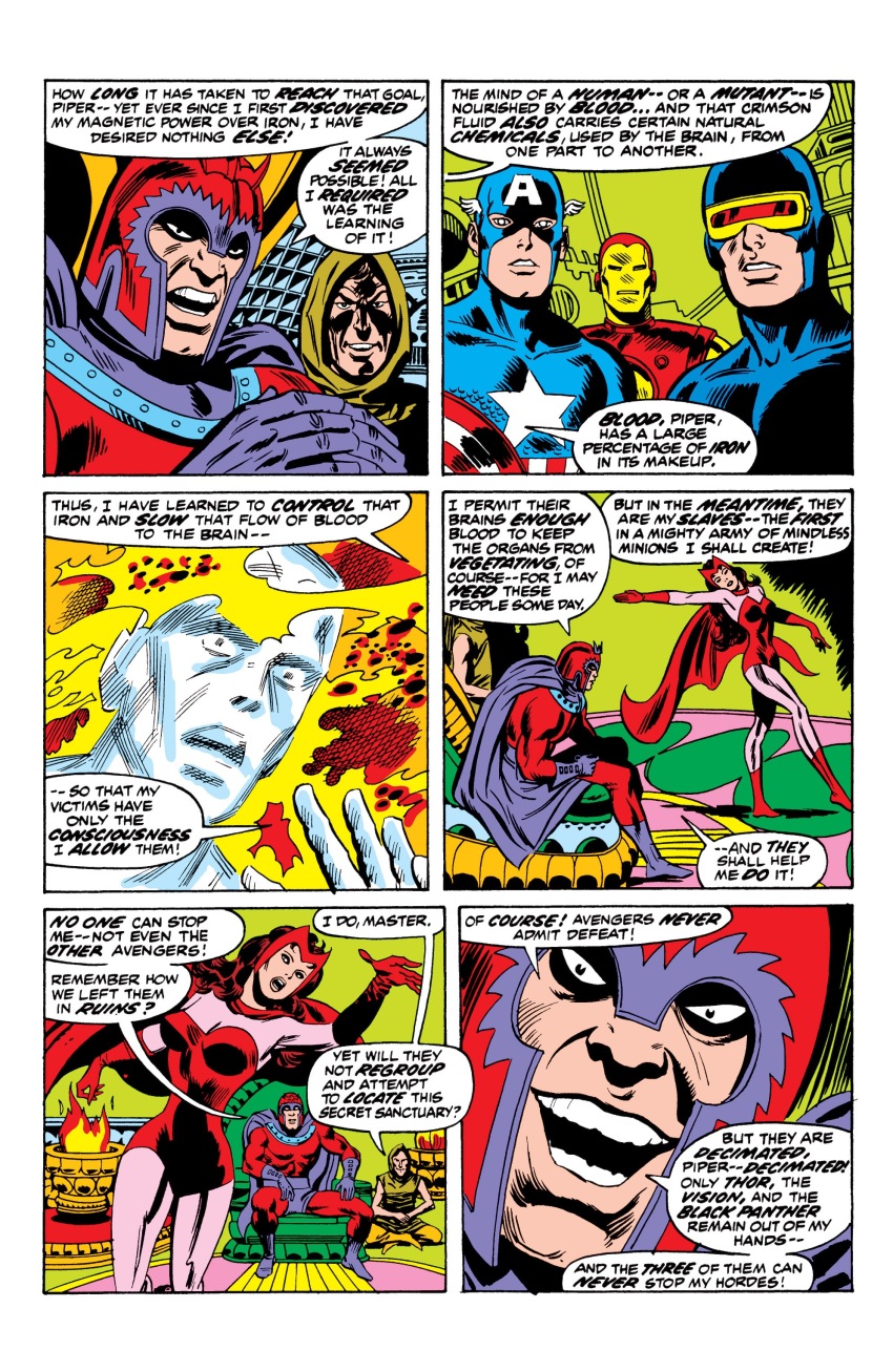 absurdres body_control cape captain_america comic cyclops_(x-men) dancing dialogue empty_eyes expressionless femsub gloves helmet iceman_(marvel) iron_man leotard long_hair magneto maledom malesub marvel_comics mask multiple_boys multiple_subs official piper_(marvel) red_hair shield sitting super_hero text the_avengers wanda_maximoff white_eyes x-men
