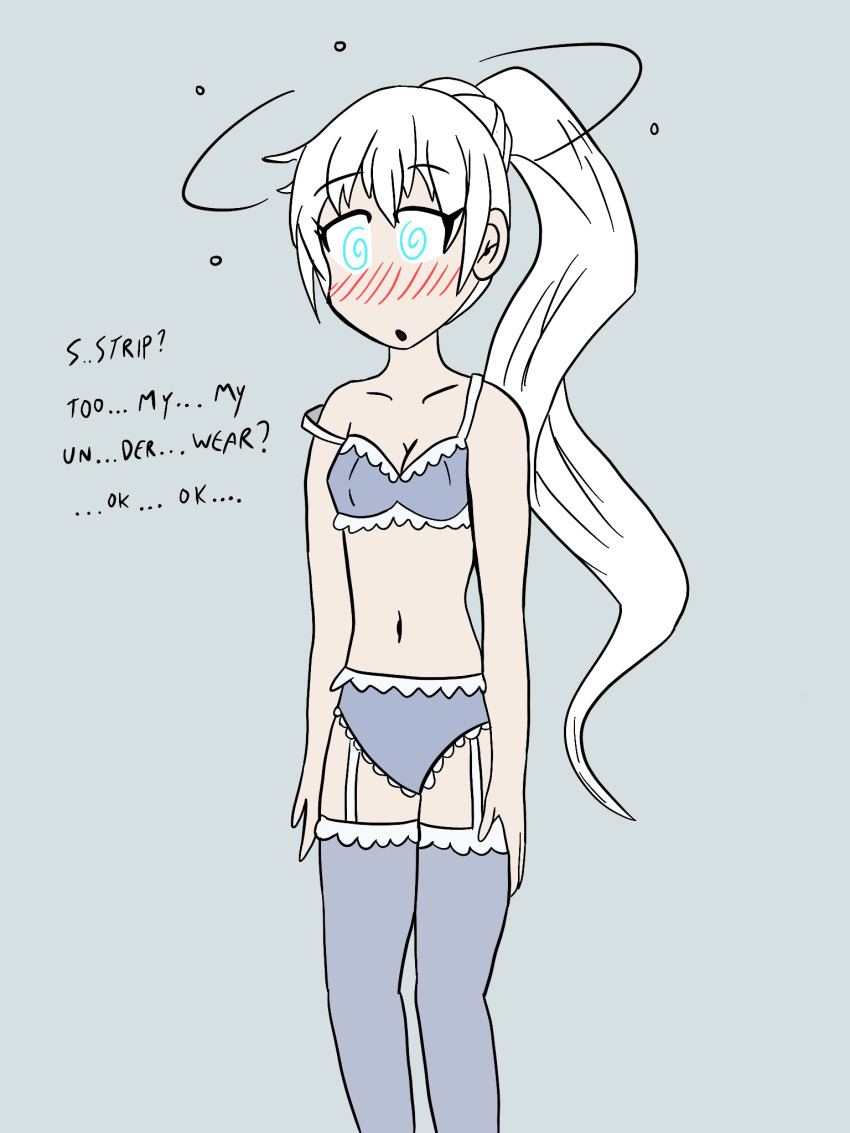 blush bra dazed empty_eyes expressionless female_only femsub karma-x long_hair open_mouth panties ponytail rwby spiral_eyes standing standing_at_attention symbol_in_eyes text thom_(colorist) underwear undressing weiss_schnee white_hair
