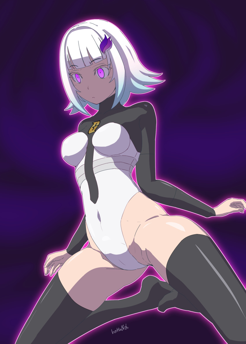 batta18th boots breasts empty_eyes expressionless eyebrows_visible_through_hair femsub glowing hair_ornament kneeling leotard lize_helesta multicolored_hair navel nijisanji nintendo pink_eyes pokemon short_hair simple_background solo spread_legs team_galactic thigh_boots thighhighs virtual_youtuber