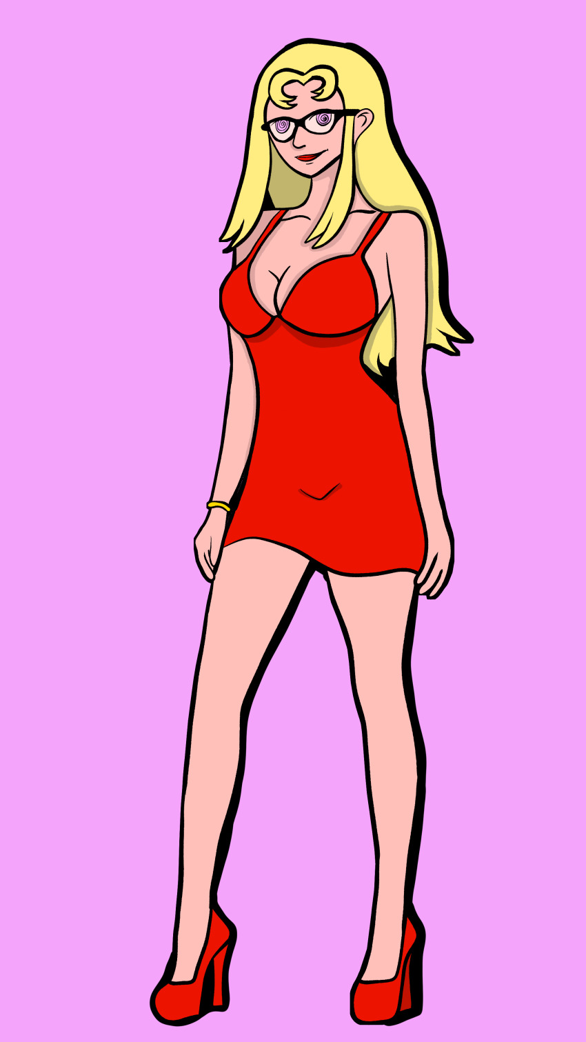 absurdres aurora_(jabberwocky) bare_legs blonde_hair bracelet breasts cleavage clothed collarbone dress female_only femsub glasses happy_trance high_heels original pink_eyes red_dress red_lipstick simple_background smile solo spiral_eyes standing succubae symbol_in_eyes