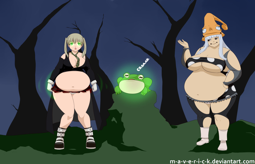 bbw blonde_hair breast_expansion breasts eruka_frog fat female_only femdom femsub frog green_eyes grey_hair hat huge_breasts long_hair m-a-v-e-r-i-c-k maka_albarn open_clothes open_mouth smile soul_eater twintails weight_gain