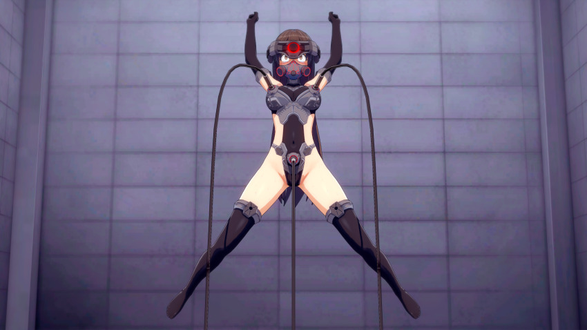 3d arms_above_head black_hair blush breasts brown_eyes cables corruption eye_roll female_only femsub gas_mask gloves helmet high_heels koikatsu! large_breasts leotard long_hair milking_machine opera_gloves sakuragi_yu solo spread_legs tears tech_control thigh_boots thighhighs wires