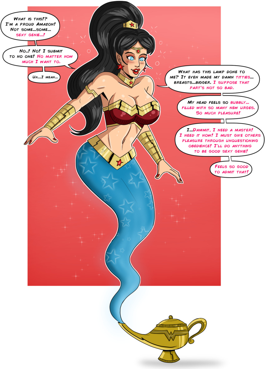 black_hair blush breasts cleavage corruption dc_comics dialogue earrings elf_ears female_only femsub genie glowing glowing_eyes happy_trance jewelry large_breasts long_hair magic polmanning ponytail resisting smile super_hero text western wonder_woman