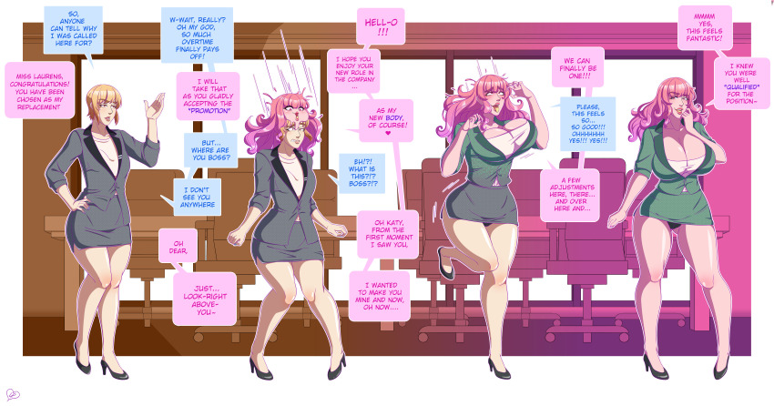 absurdres ahegao bangs bare_legs before_and_after bimbofication blonde_hair breast_expansion breasts brown_eyes business_suit cleavage collarbone comic corruption dialogue eye_roll eyebrows_visible_through_hair female_only femdom femsub hair_growth hand_on_hip high_heels huge_breasts lipstick long_hair makeup nail_polish office_lady open_mouth original panties parasite pink_eyes pink_hair rawlolipasta shirt short_hair skirt slime smile speech_bubble surprised text tongue tongue_out transformation unfocused_eyes