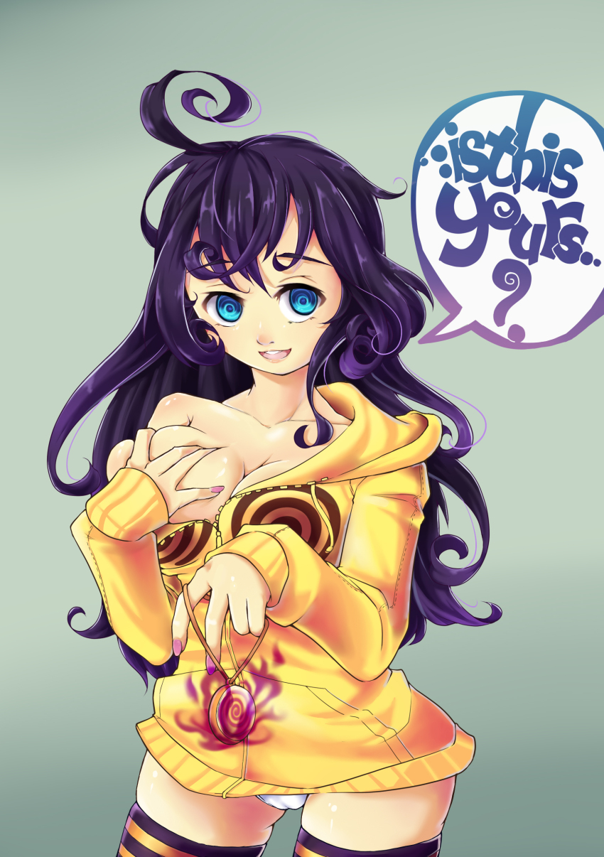 absurdres accidental_hypnosis ahoge breasts cameltoe curly_hair femsub happy_trance holding_breasts hoodie hypno-tan hypnotic_accessory hypnotized_hypnotist large_breasts long_hair magic nell-chrome open_clothes original panties pendulum purple_hair spiral_eyes symbol_in_eyes text thighhighs underwear