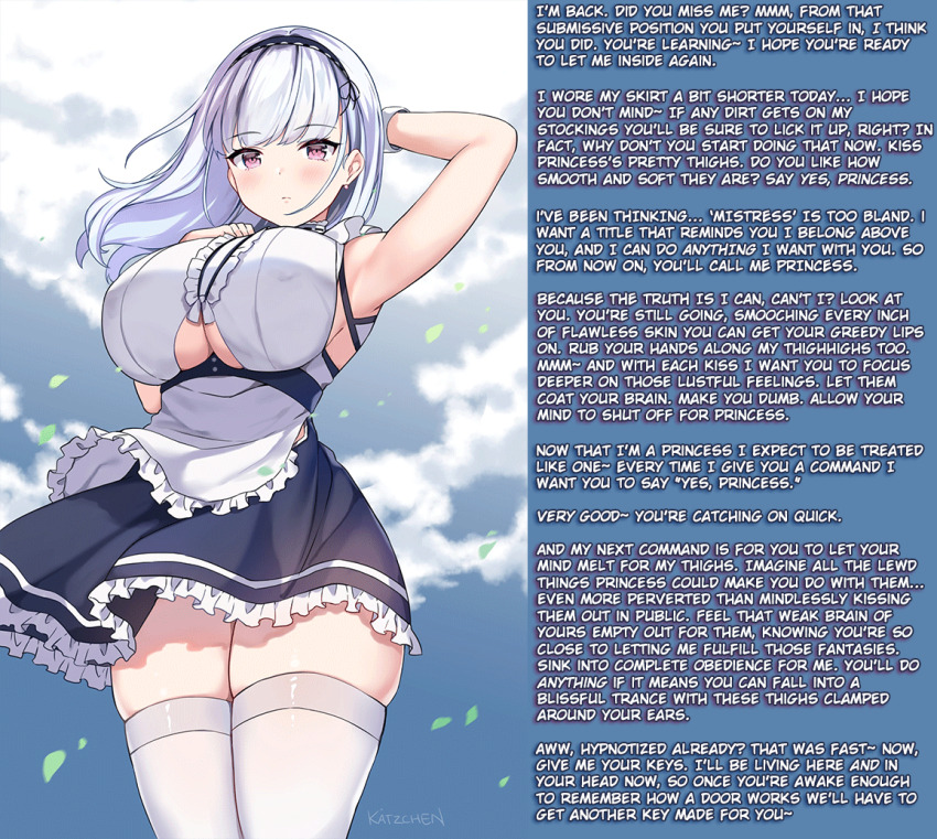 animated animated_gif apron armpits azur_lane blush bragging breasts caption caption_only dido_(azur_lane) female_only femdom frills huge_breasts hypnotic_breasts katzchen long_hair looking_at_viewer maid manip pink_eyes pov pov_sub skirt ta75_(manipper) text thick_thighs thighhighs thighs underboob white_hair