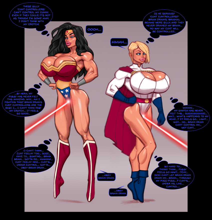 bare_legs black_hair blonde_hair boots bracers breasts cape cleavage cleavage_cutout crossed_eyes dc_comics dialogue empty_eyes femsub floating gloves hand_on_hip huge_breasts hypnotic_beam large_lips leotard long_hair maledom manip muscle_girl power_girl short_hair simple_background speech_bubble super_hero tagme tech_control text theofficialpit thought_bubble tiechonortheal_(manipper) wonder_woman