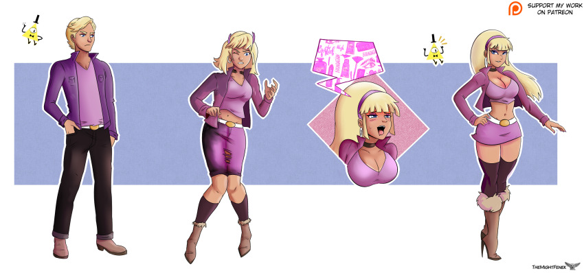 absurdres before_and_after bill_cipher blonde_hair breasts disney earrings genderswap gravity_falls hair_growth hat high_heels jewelry large_breasts malesub open_mouth pacifica_northwest sequence short_hair themightfenek transformation transgender