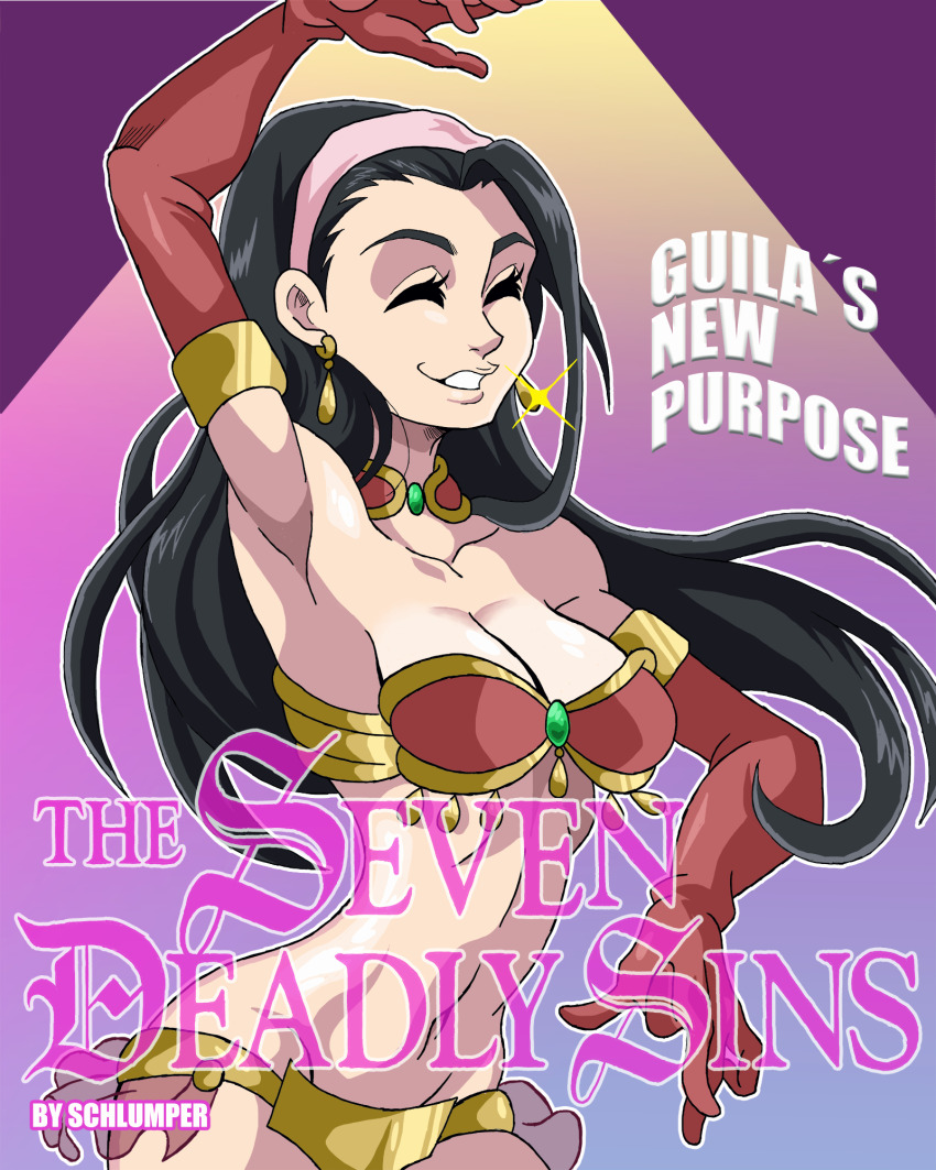 black_hair closed_eyes comic cover earrings female_only guila happy_trance harem_outfit long_hair opera_gloves pale_skin schlumper text the_seven_deadly_sins