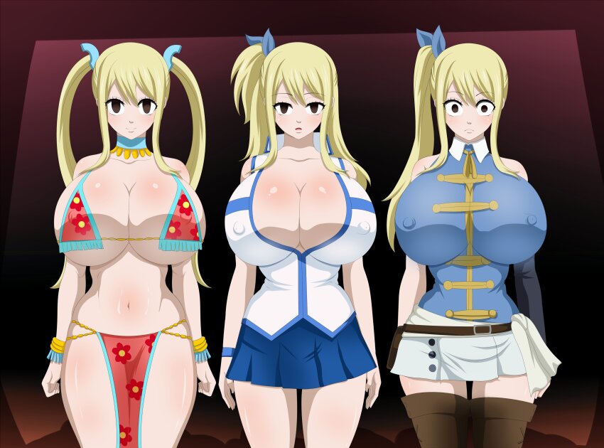 absurdres blonde_hair breasts brown_eyes choker cleavage dancer edjim empty_eyes erect_nipples erect_nipples_under_clothes expressionless fairy_tail female_only femsub happy_trance huge_breasts long_hair lucy_heartfilia multiple_girls multiple_persona multiple_subs ponytail short_skirt shrunken_irises side_ponytail skirt smile standing standing_at_attention twintails
