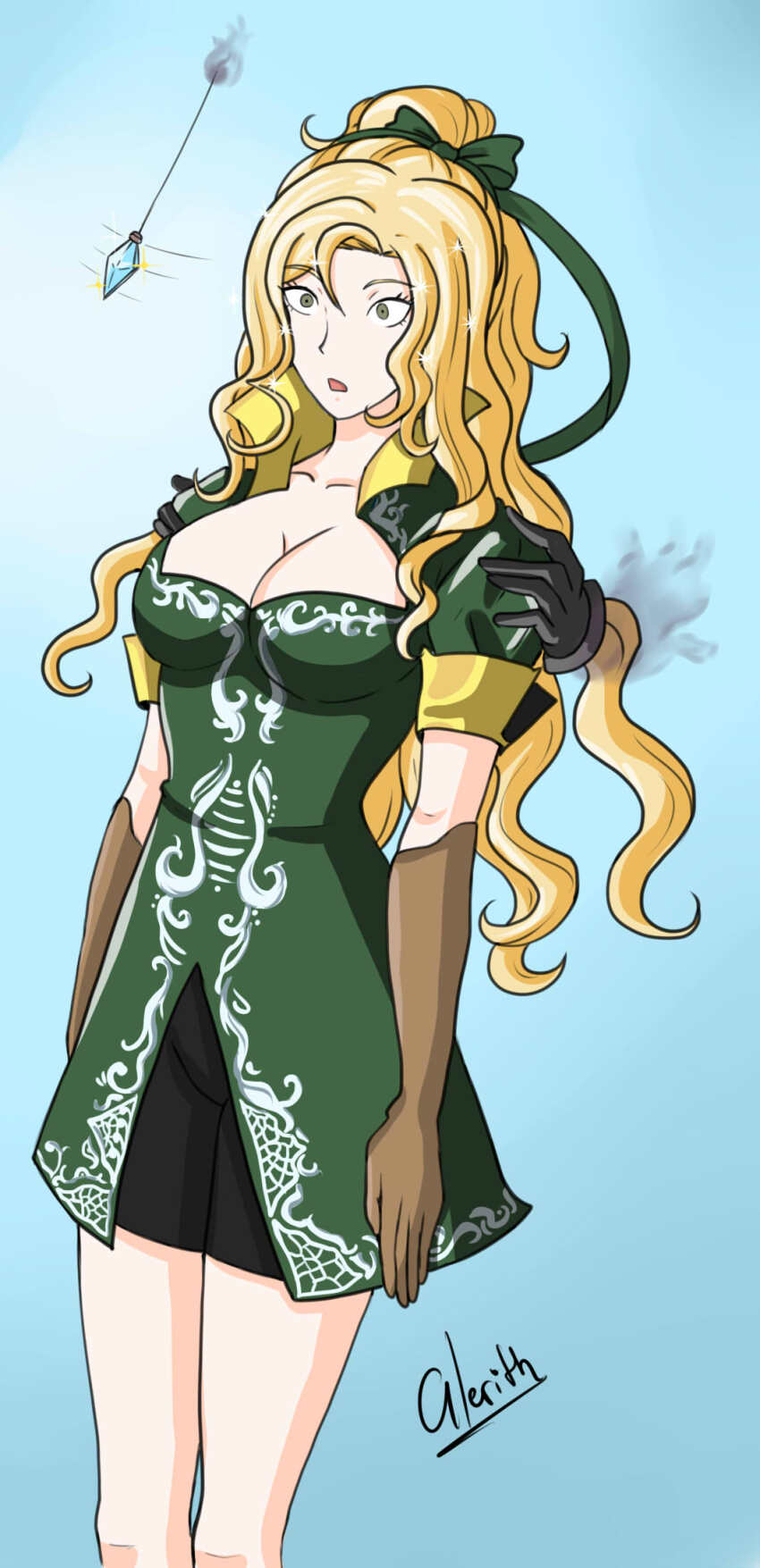 alerith blonde_hair breasts castlevania cleavage collarbone dress expressionless female_only femsub gloves long_hair magic maria_renard open_mouth opera_gloves pendulum phantom_hand signature simple_background solo standing standing_at_attention tagme yellow_eyes