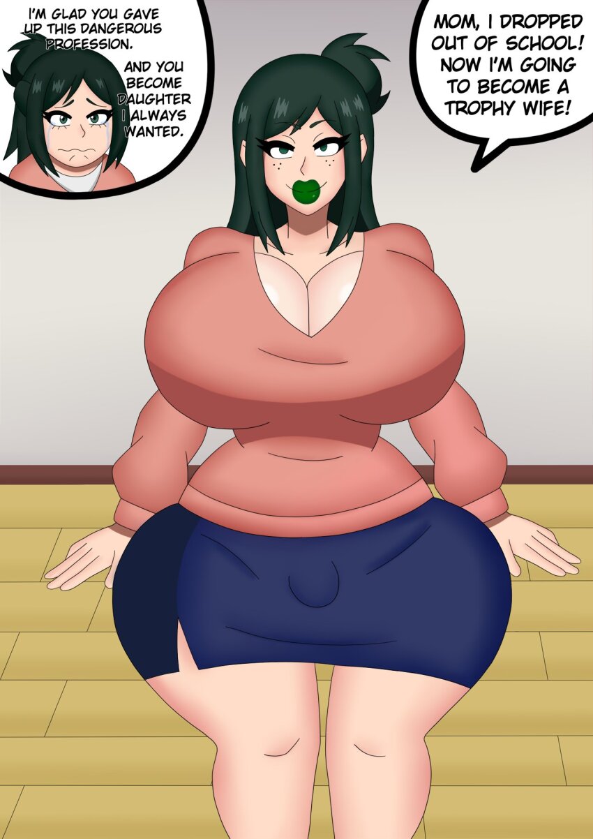 bangs bimbofication bulge crossdressing curvy dialogue english_text erection_under_clothes fake_breasts femboy feminization freckles green_eyes green_lipstick hinata-hime huge_breasts inko_midoriya izuku_midoriya large_hips large_lips lipstick long_hair malesub my_hero_academia ruined_life sissy skirt smile speech_bubble sweater text thick_thighs wide_hips