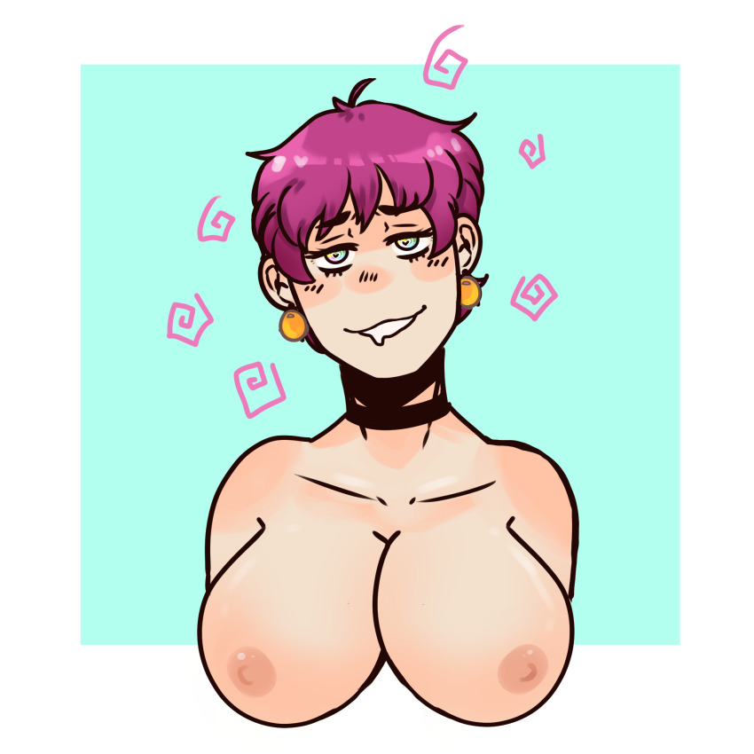 bangs breasts choker cimicimi cleavage collarbone drool earrings eyebrows_visible_through_hair female_only femsub heart_eyes heavy_eyelids large_breasts multicolored_eyes nipples pink_hair purple_hair rainbow_eyes short_hair simple_background solo source_request spiral spiral_background symbol_in_eyes topless