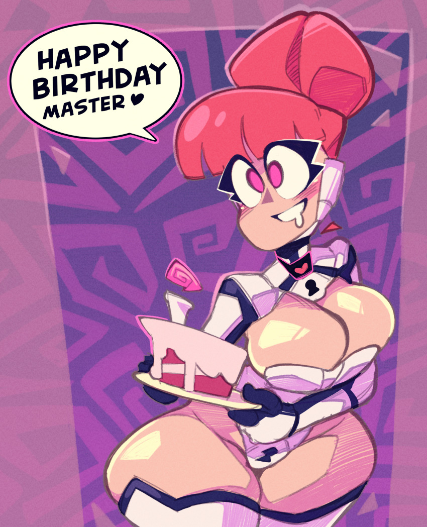 absurdres birthday blush breasts cleavage collar dialogue drool empty_eyes female_only femsub food heart large_breasts original pear_(cdlum) pink_eyes pink_hair smile spiral tech_control text thighhighs zephyrgales