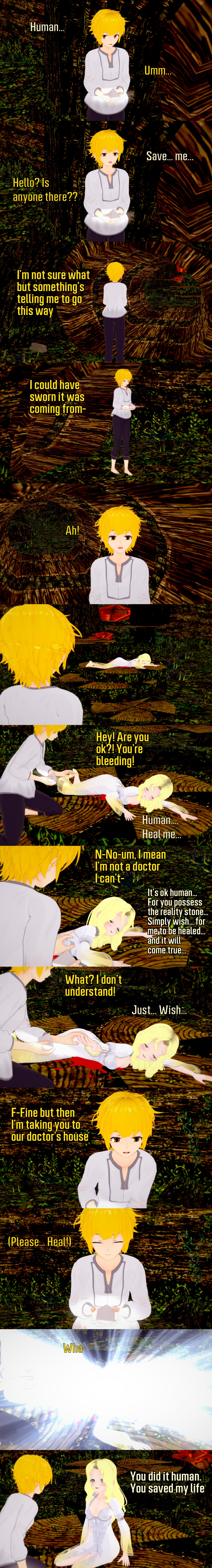 absurdres aware blonde_hair blood brown_eyes clothed dialogue english_text goddess hypnotic_object outdoors reality_stone ren_(reality_stone) serene_(reality_stone) text yellow_eyes zenin1