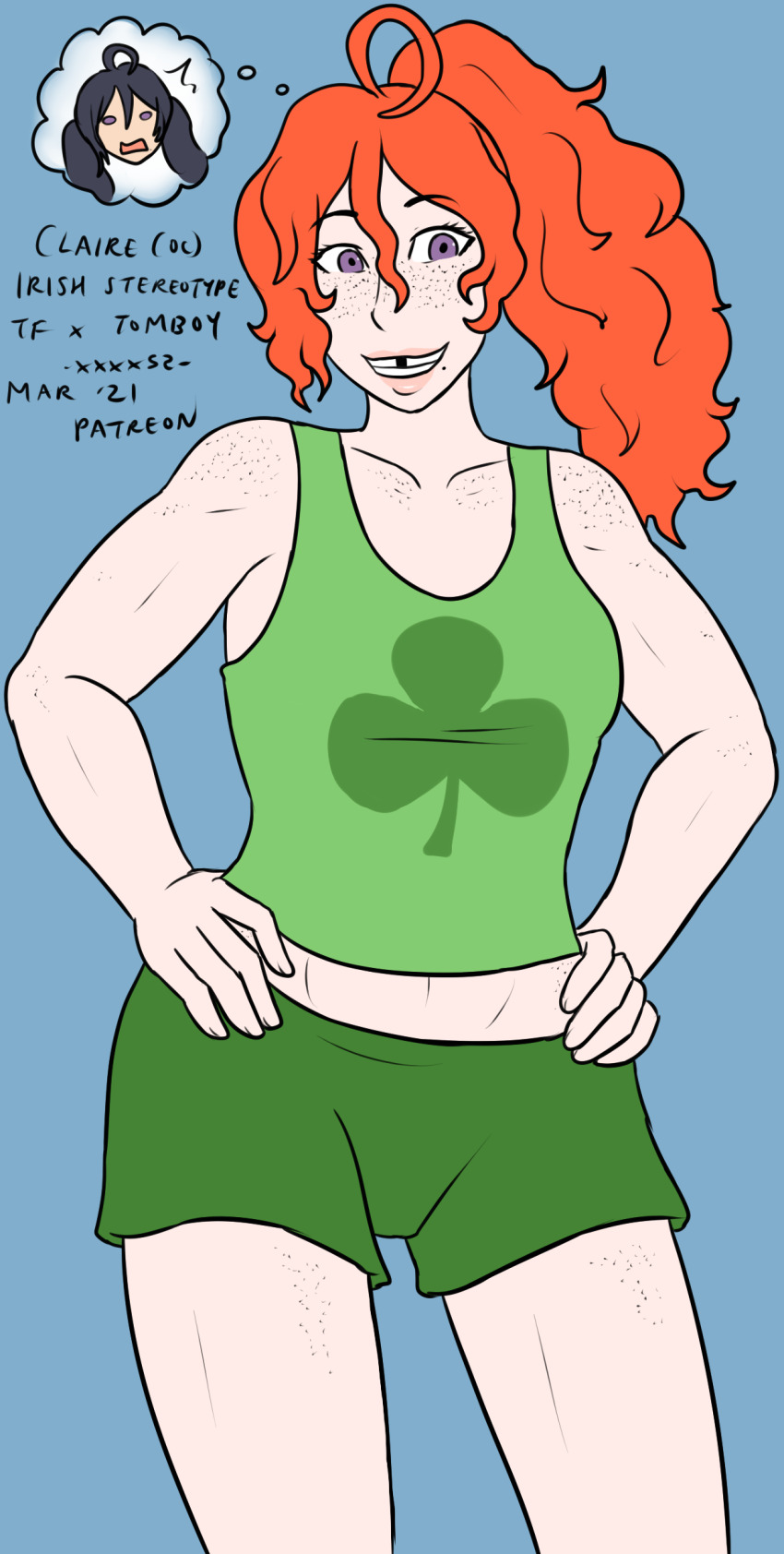 absurdres claire_(wakeykun) corruption curly_hair female_only femsub freckles muscle_girl muscle_growth original ponytail race_change red_hair short_shorts st._patrick's_day tank_top text tomboy transformation xxxx52