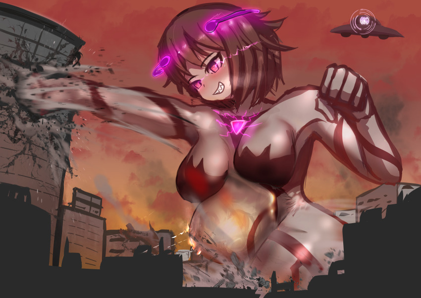 alien blush bodysuit breasts brown_hair control_indicator electricity female_only femdom femsub giantess glowing glowing_eyes happy_trance hypnotized_dom large_breasts norurinoruri original personification pink_eyes pregnant short_hair smile tight_clothing ultraman