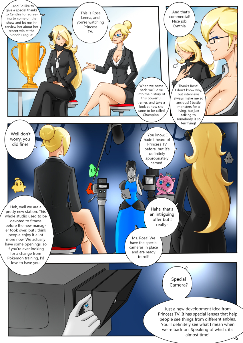 black_hair blonde_hair blue_eyes breasts business_suit camera cleavage comic crossed_arms crossed_legs crown cynthia exposed_chest female_only glowing_eyes hypnotic_eyes hypnotic_screen jigglypuff legs_up luma multiple_girls nintendo oo_sebastian_oo pokemon pokemon_diamond_pearl_and_platinum princess_rosalina scarf sitting suit super_mario_bros. text thighs wii_fit wii_fit_trainer