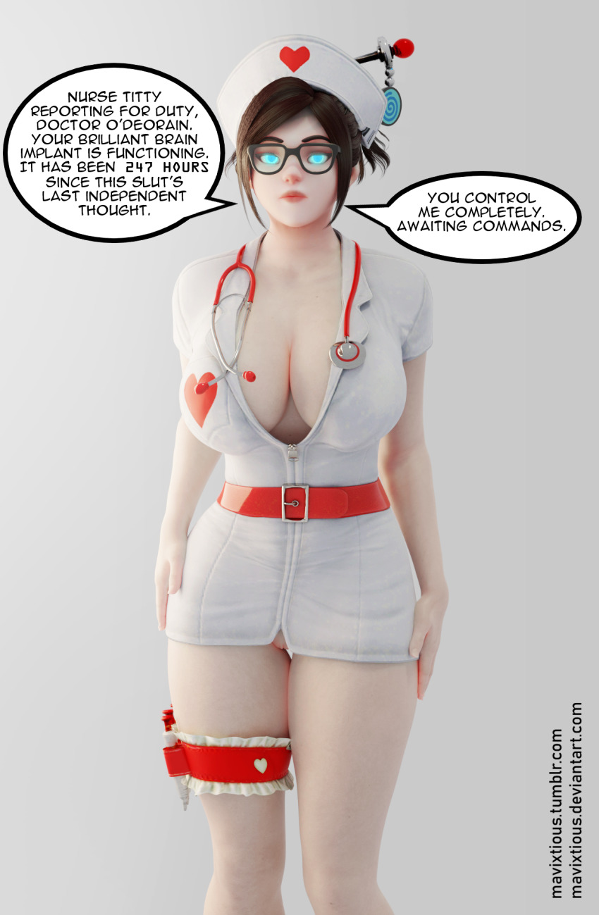 3d anonymind_(manipper) blue_eyes bottomless breasts comic dialogue expressionless female_only femsub garter glowing glowing_eyes hat large_breasts manip mavixtious mei_(overwatch) moira_o'deorain nurse overwatch pov standing standing_at_attention syringe tech_control text