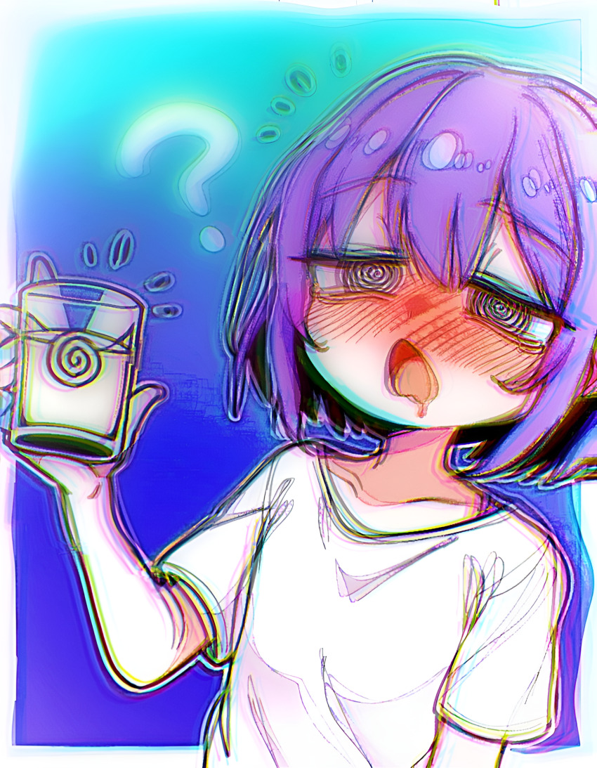 ai_art bangs black_eyes blue_background blush confused dazed drinking drool drugged drunk female_only femsub green_background hypnotic_drink jinio_(generator) open_mouth pink_hair purple_background purple_hair shirt short_hair spiral spiral_eyes standing swaying t-shirt tears yodayo_(ai)