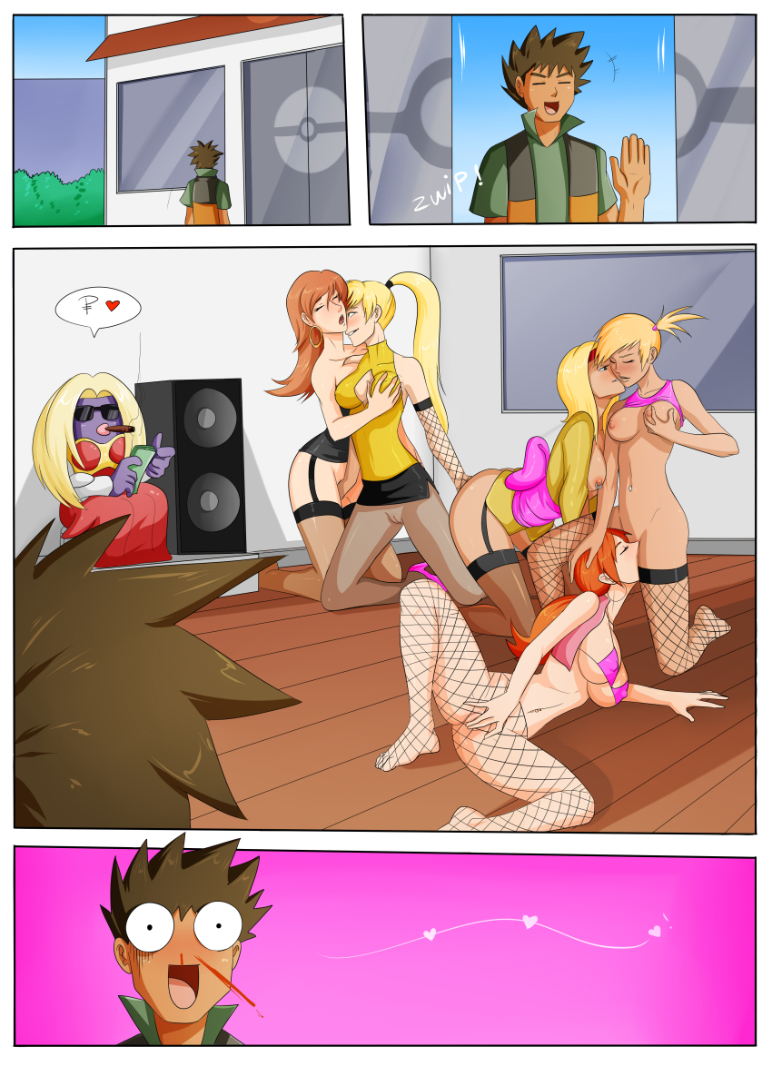 blonde_hair breast_fondling breast_grab breasts brock brown_hair comic cunnilingus delia_ketchum erika_(pokemon) fingering fishnets groping group_sex high_heels jinx kneeling leaf_(pokemon) misty nintendo nipple_play nipples oo_sebastian_oo orange_hair pokemon pokemon_(anime) pussy seductive_smile sex skirt skirt_lift text thighhighs thighs yellow_(pokemon) yuri