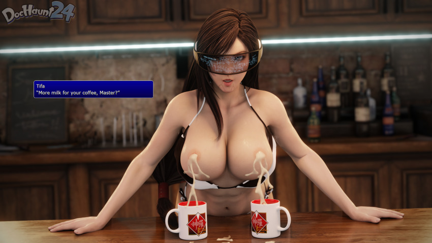 3d absurdres after_sex ahoge alternate_costume bikini breasts brown_hair cleavage collarbone comic dialogue dochaunt24 drool expressionless female_only femsub final_fantasy final_fantasy_vii huge_breasts humiliation lactation long_hair milk navel open_mouth pov pov_dom prostitution red_lipstick solo speech_bubble tech_control text tifa_lockhart unaware visor waitress watermark
