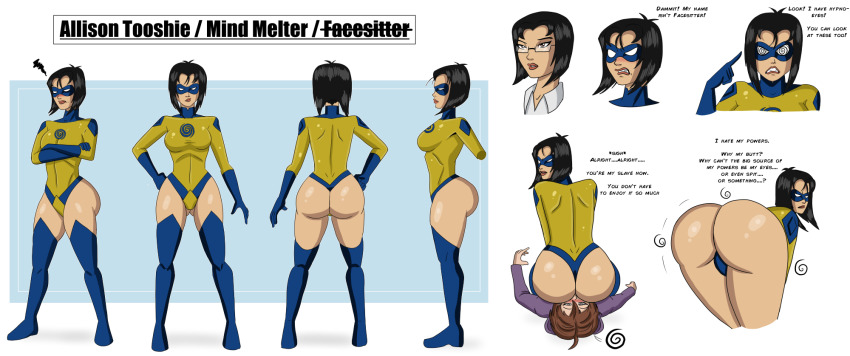 ass bent_over black_hair blush boots breasts female_only femdom femsub glasses gloves humor hypnotic_ass large_breasts leotard maddy_(duckydaduck) mask mind_melter_(polmanningducky) original polmanning short_hair sitting_on_face spiral spiral_eyes super_hero symbol_in_eyes text thigh_boots thong