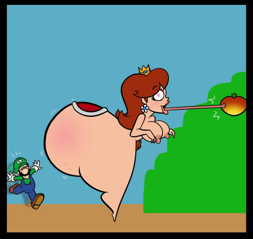 ass ass_expansion bottomless breasts brown_hair crown earrings femsub happy_trance heart heart_eyes honalvin huge_ass jewelry luigi nintendo nude open_mouth princess princess_daisy super_mario_bros. symbol_in_eyes tongue tongue_out topless yoshi yoshification