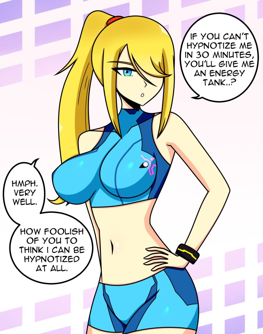 bangs blonde_hair blue_eyes bracelet breasts clothed dialogue female_only hair_covering_one_eye hand_on_hip long_hair looking_at_viewer metroid_(series) midriff navel nintendo ponytail pov samus_aran shorts simple_background sortish text tight_clothing
