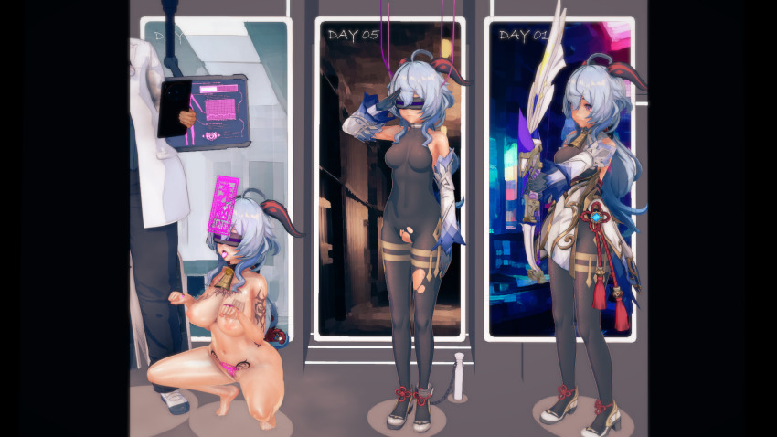 3d ahoge arm_warmers bangs bare_shoulders barefoot before_and_after blue_hair blush bodysuit bow breast_expansion breasts chains collar control_indicator cowbell crotch_cutout crotch_tattoo cuffs dog_pose drool erect_nipples expressionless female_only femsub ganyu_(genshin_impact) garter genshin_impact gloves happy_trance horns koikatsu! lab_coat long_hair maledom midong monitor navel nipples nude open_mouth opera_gloves pet_play pink_eyes progress_indicator qr_code saluting sequence shoes spread_legs squatting standing standing_at_attention sweat tattoo tears tech_control tongue tongue_out topless torn_clothes visor weapon