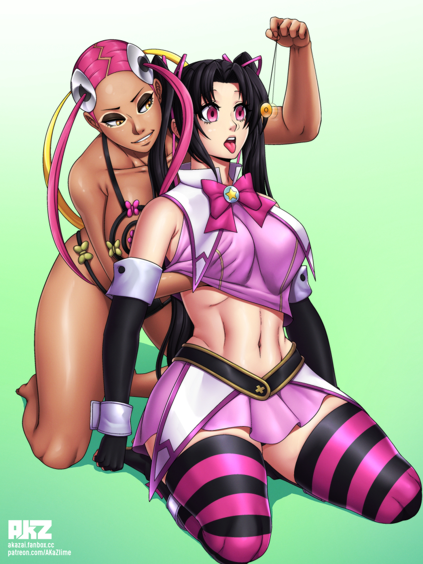 akazai bikini black_hair bow dark_skin empty_eyes female_only femdom femsub groping hair_ribbon high_school_dxd kneeling long_hair midriff multicolored_hair multiple_girls navel nintendo open_mouth pendulum pink_eyes plumeria_(pokemon) pokemon pokemon_sun_and_moon serafall_leviathan simple_background skirt smile thighhighs tongue tongue_out twintails watermark yuri