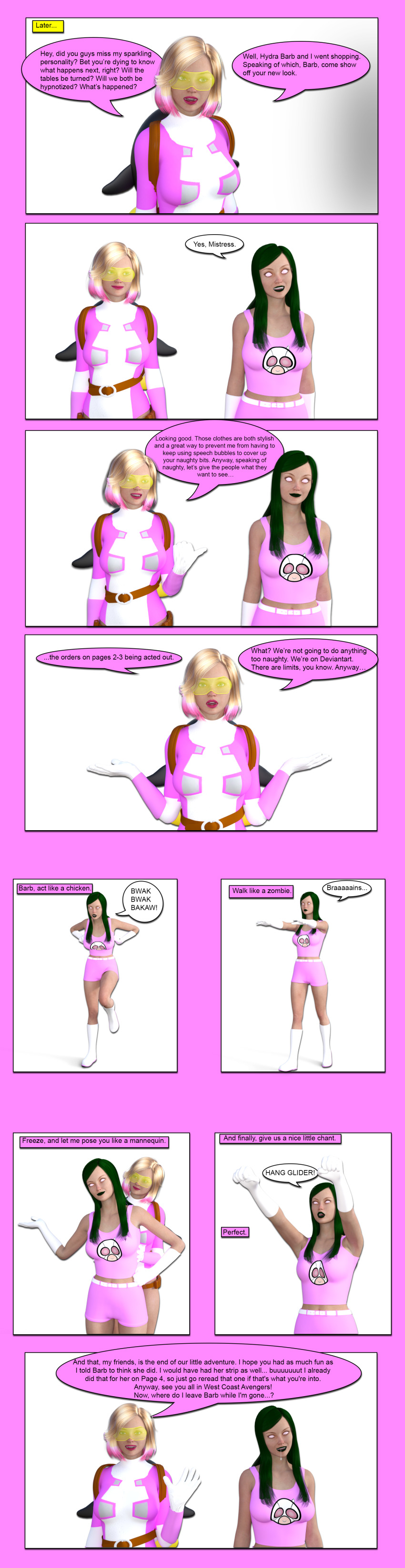 3d absurdres alternate_costume blonde_hair chicken_pose comic dialogue drool female_only femdom green_hair gwen_poole gwenpool happy_trance humor hypnotized_hypnotist marvel_comics pink_hair spiral_eyes super_hero symbol_in_eyes text theheckle turning_the_tables zombie_walk