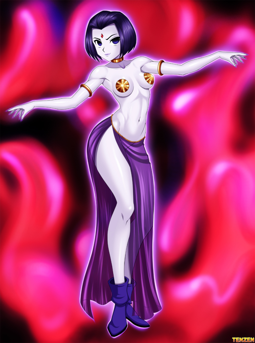 breasts collarbone dc_comics empty_eyes female_only femsub grey_skin happy_trance harem_outfit large_breasts purple_eyes purple_hair raven short_hair solo super_hero teen_titans tenzen