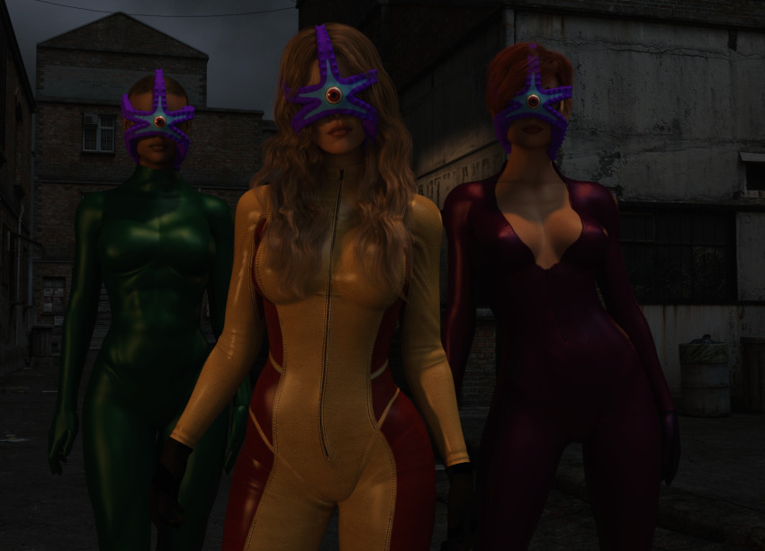 4321sleep alien blonde_hair bodysuit breasts cleavage dark_skin dc_comics expressionless female_only femsub long_hair looking_at_viewer orange_hair original parasite short_hair standing standing_at_attention starro zipper