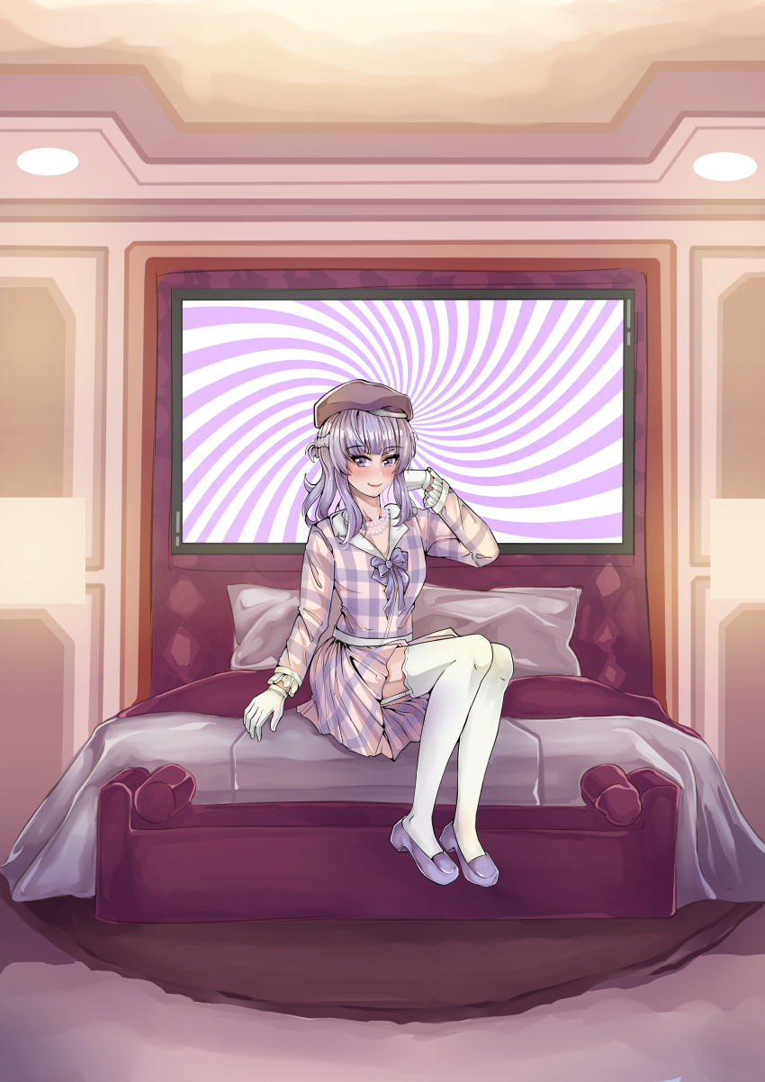 arisu_sakayanagi artist_request bed blush classroom_of_the_elite dress garter_straps gloves hat hypnotic_screen monitor necklace pov pov_sub purple_eyes purple_hair sitting smile smirk spiral stepfordization tech_control thighhighs