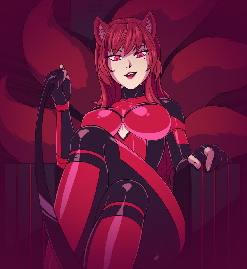 animated animated_gif anno_(anno) bodysuit breasts female_only femdom fox_ears fox_girl fox_tail glowing glowing_eyes kitsune_girl large_breasts latex leash long_hair looking_at_viewer original pov pov_sub red_eyes red_hair smile zelamir