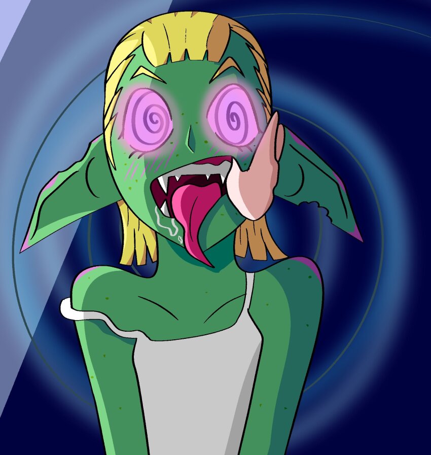 androgynous androgynous_sub blonde_hair drool femsub finger_in_mouth glowing_eyes goblin goblin_girl green_skin gwindy iggs_(gwindy) original spiralwash_eyes tank_top tongue_out
