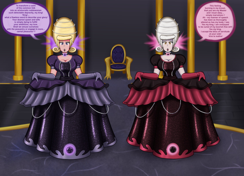 beehive_hair blonde_hair breasts clothed collar dialogue domestication dress fate/apocrypha fate/grand_order fate_(series) female_only femsub happy_trance jeanne_alter jeanne_d'arc_(fate) jewelry lion-oh-day long_hair maledom multiple_girls multiple_subs open_mouth opera_gloves princess princessification purple_eyes text very_long_hair white_hair yellow_eyes