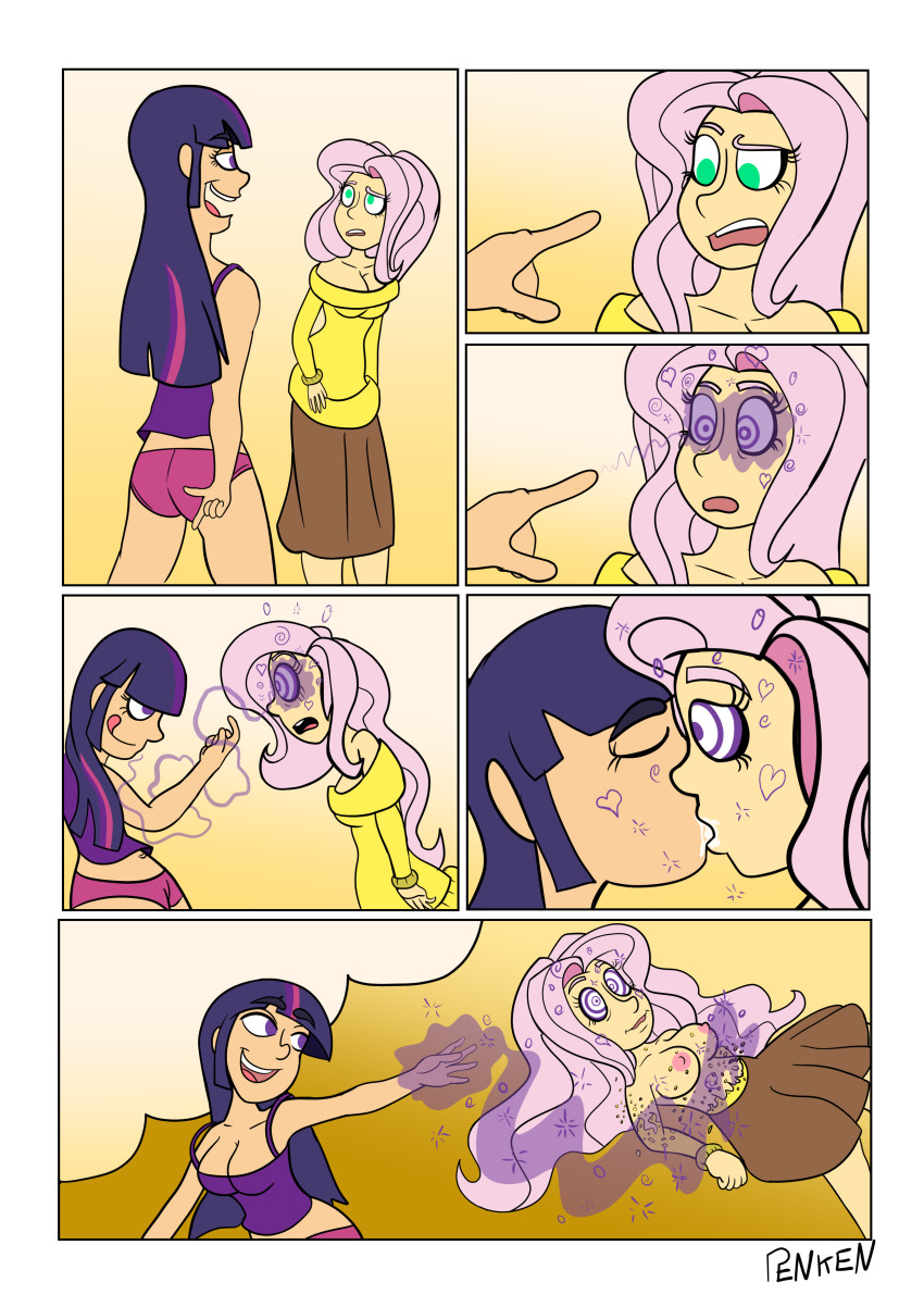 absurdres before_and_after breasts comic dazed drool female_only femdom femsub floating fluttershy happy_trance hypnotic_eyes kaa_eyes kissing large_breasts long_hair magic my_little_pony open_mouth penken personification pink_hair purple_hair ring_eyes straight-cut_bangs topless twilight_sparkle underwear yuri