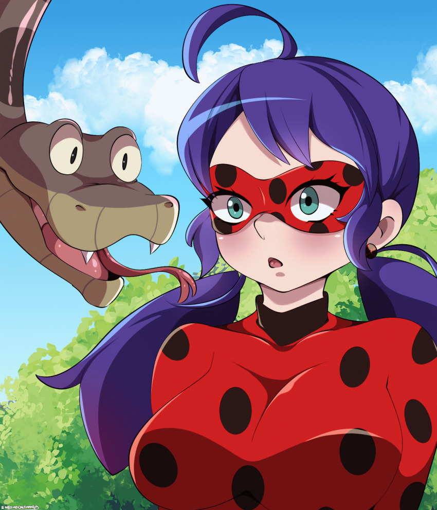 ahoge animated animated_gif before_and_after breasts clothed dazed disney enetheligthingdancer femsub happy_trance hypnotic_eyes kaa kaa_eyes long_hair marinette_dupain-cheng mask miraculous_ladybug open_mouth purple_hair snake super_hero the_jungle_book tongue tongue_out twintails