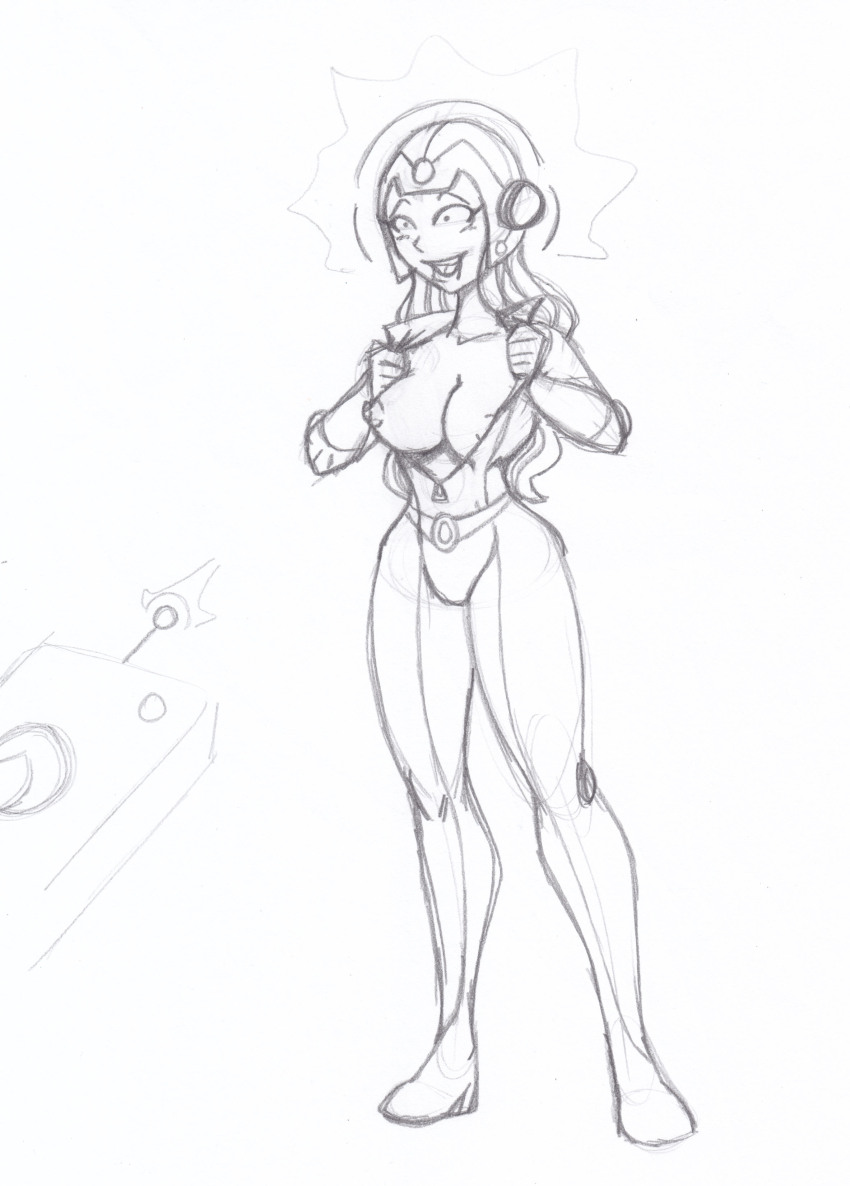 absurdres antenna bodysuit crazycowproductions drool female_only femsub greyscale happy_trance helmet hypnotic_accessory long_hair monochrome open_clothes remote_control sam shrunken_irises sketch tech_control totally_spies traditional undressing western