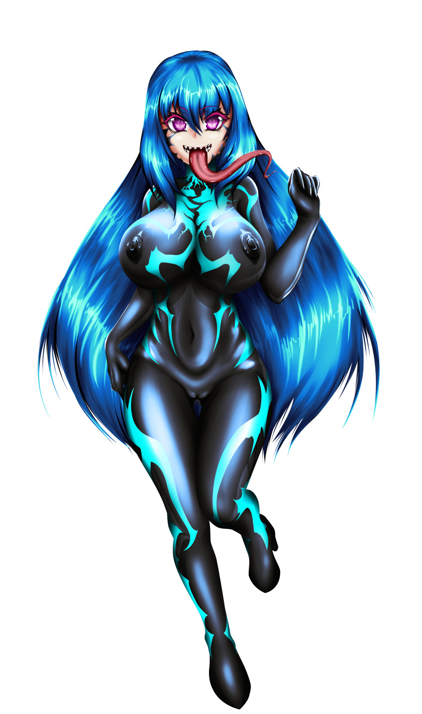 absurdres blue_hair breasts cleavage erect_nipples female_only high_heels large_breasts long_tongue original purple_eyes rikatsuky symbiote tongue tongue_out